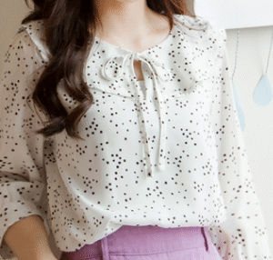 甜美雪紡衫少女圓點繫帶荷葉邊翻領七分袖上衣